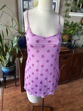 Vintage Victoria's Secret Pink Sheer Mesh Slip Lingerie Purple Polka Dot Lace